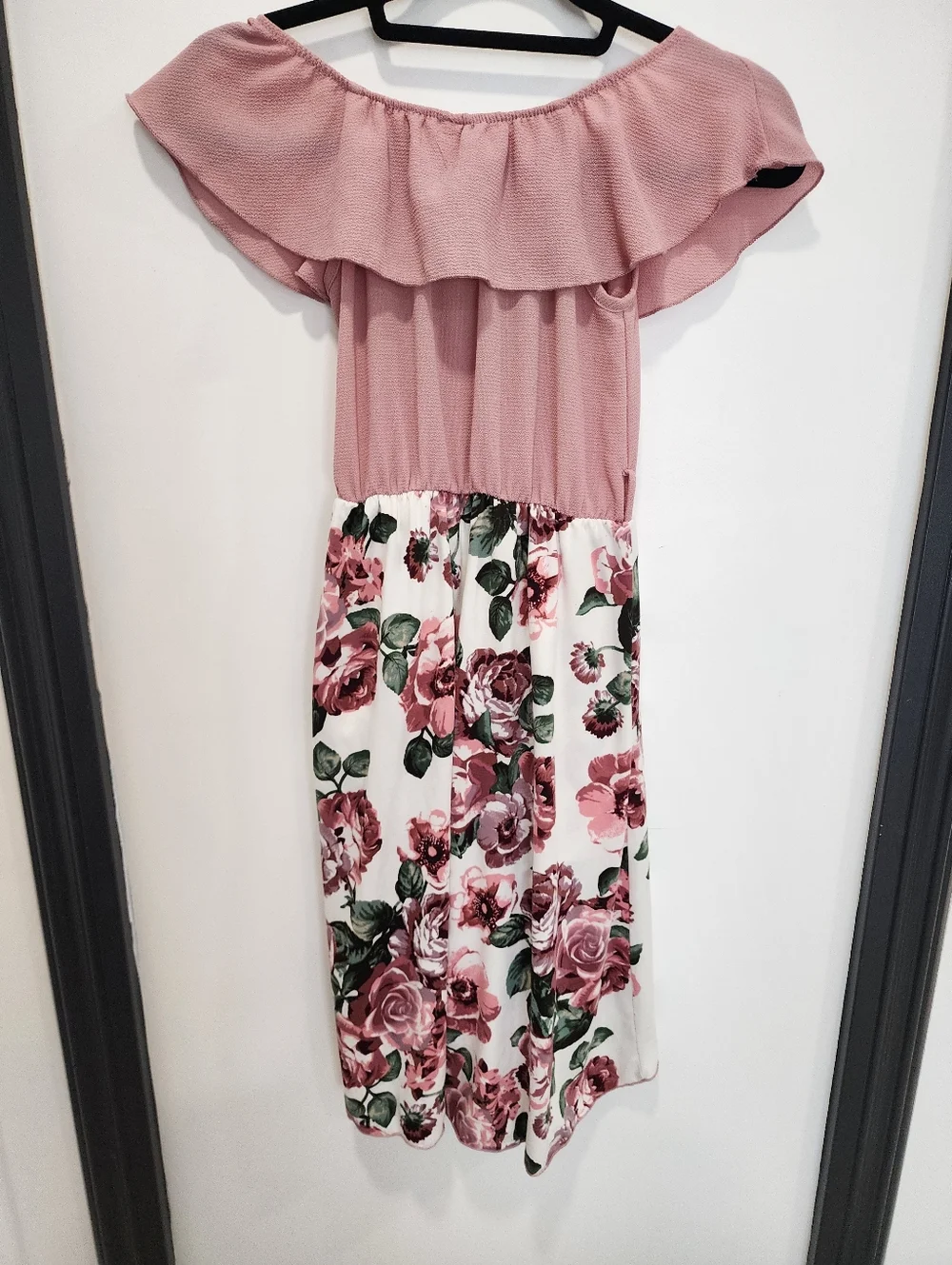 Girls Summer Blush Pink Floral Off-Shoulder Midi Dress With Shorts Size 8